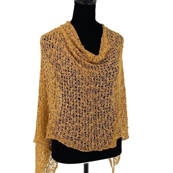 Mercantile Women's Crochet Open Poncho Sweater Cowl Neck Yellow One Size NWT - Picture 1 of 5